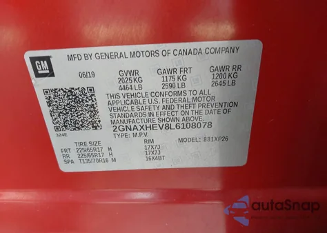 2020 Chevrolet Equinox Fwd Ls из США, поврежденный, VIN 2GNAXHEV8L6108078